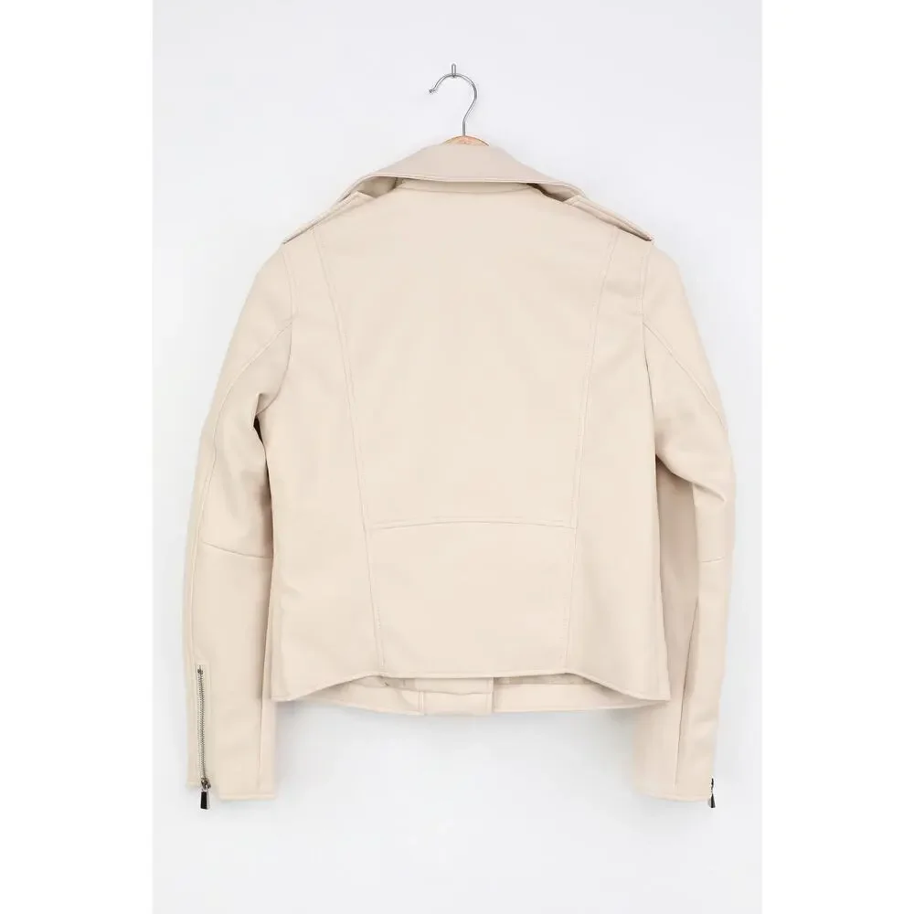 Lulus Out for the Night Beige Vegan Leather Moto Jacket S NWT